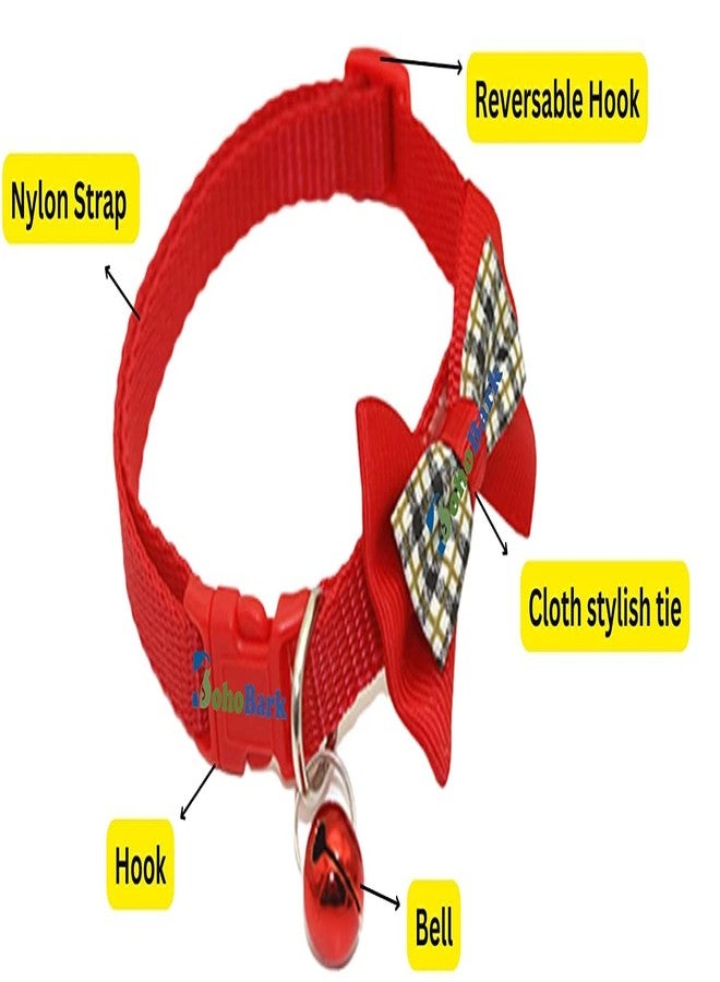 BohoBark Cat & Dog Collar Adjustable Safety Buckle Dog Cat Accessories Fashion Checkered Bow tie with Bell Pack of 1 (Red, Checkered No .1) - Image 3
